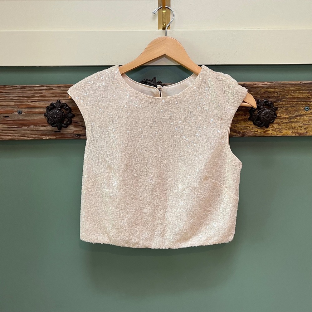 Jenny Yoo Collection Champagne Sequin Crop Top Cap Sleeve Size S Formal Party